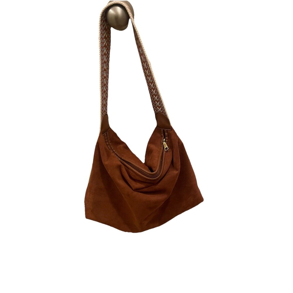 Shiraleah Boho Hobo Bag Rust Burnt Orange Suede Slouchy Tote Aztec Chevron Strap